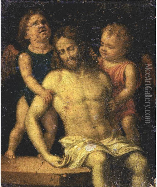The Dead Christ Supported By Two Angels Oil Painting - Giovanni Battista Cima da Conegliano