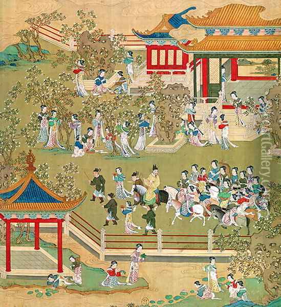 Emperor Yang Ti (581-618) strolling in his gardens with his wives, from a history of Chinese emperors 2 Oil Painting - Anonymous Artist