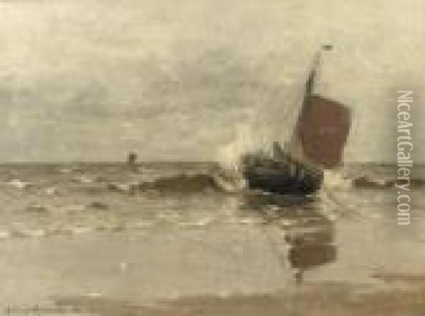 Bomschuit In The Surf, Katwijk Oil Painting - Gerhard Arij Ludwig Morgenstje Munthe