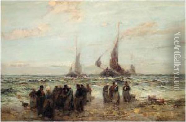 Fishing Boats On The Coast Oil Painting - John Terris