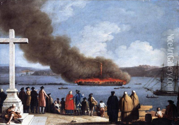 The Burning Of A Ship On The River Tagus, Lisbon, With Onlookers In The Foreground, The Castle Of Sao Jorge Beyond Oil Painting - Joaquin Manuel Da Rocha