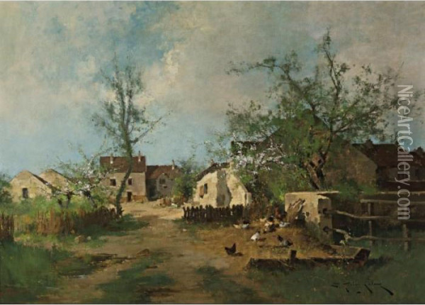 Farmyard With Chickens Oil Painting - Eugene Galien-Laloue