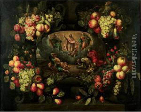 Still Life Of A Garland Of Flowers Adorning A Stone Cartouche Containing The Transfiguration Oil Painting - Frans Van Everbroeck