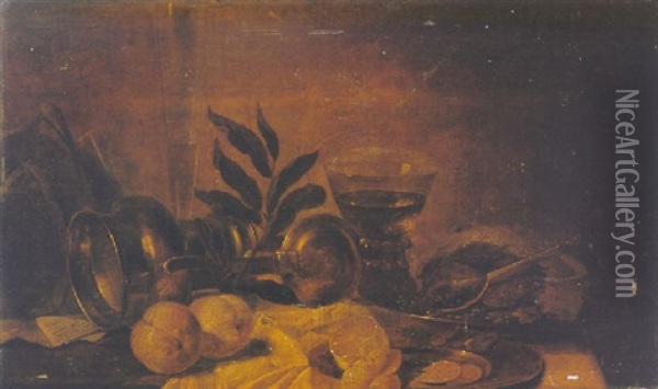 A Still Life Of A Silver Cup And Cover, A Venetian Glass, A Roemer, Peaches And Other Objects On A Wooden Table Oil Painting - Cornelis Cruys