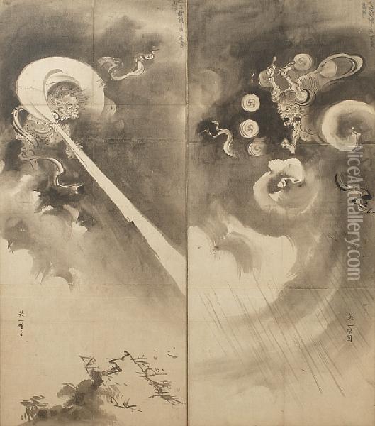 The Right Sheet Depicting Oil Painting - Hanabusa Itcho