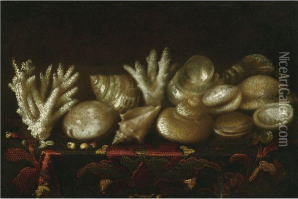 Still Life Of Assorted Shells And Coral Upon A Table Draped Witha Carpet Oil Painting - Meiffren (Ephren) Conte (Leconte)