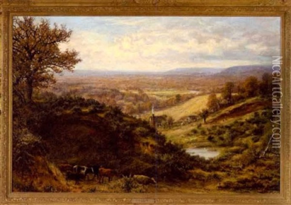 Expansive Country Landscape With Cattle And A Cottage Farm Oil Painting - George William Mote