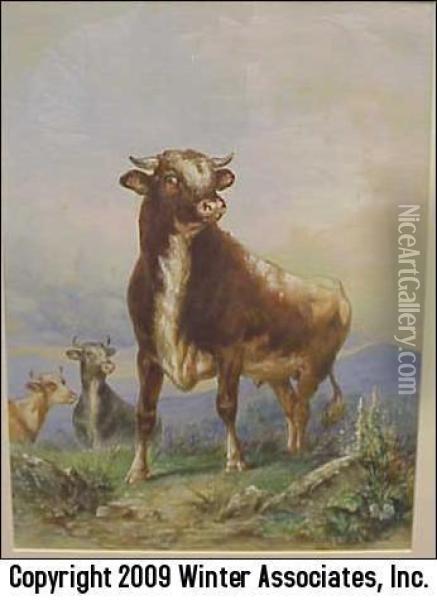 Three Cows In Field Oil Painting - Henry Collins Bispham