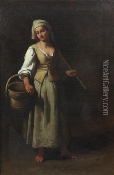 Study Of A Young Woman Holding A Pail Oil Painting - Giuseppe Gambarini