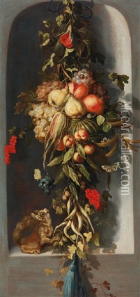 A Pair Of Flower And Fruit Still Lifes In Niches Oil Painting - Gaspar Pieter Verbrueggen the Elder