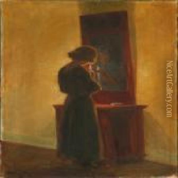 A Woman In Front Of Amirror Oil Painting - Poul Friis Nybo