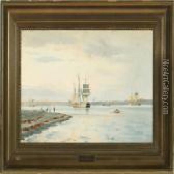 Coastal Scenery With A Norwegian Ship Of The Line Oil Painting - Christian Vigilius Blache