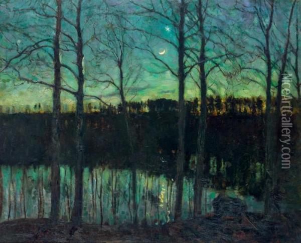 Moonlit River Landscape Oil Painting - Stanislaw Zukowski