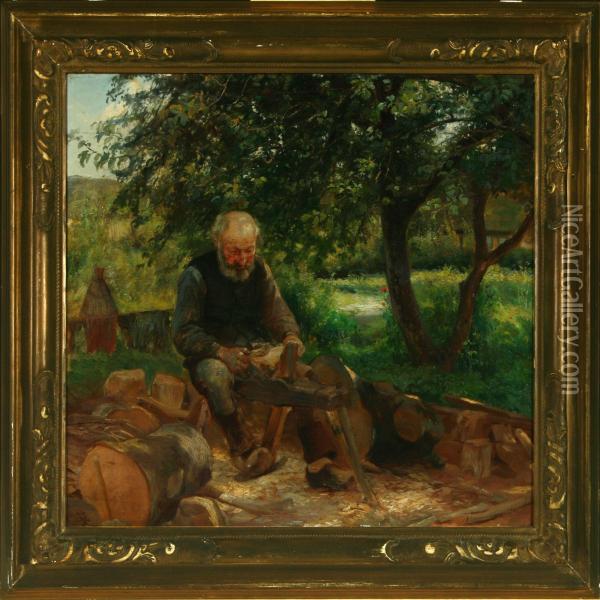 Garden Exterior With A Bootmaker At Work Oil Painting - Knud Larsen