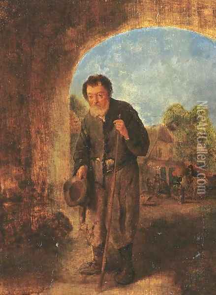 A beggar standing under a gateway, peasants by a farmhouse beyond Oil Painting - Adriaen Jansz. Van Ostade