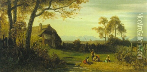 Spielende Kinder Im Bauerngarten Im Voralpenland Oil Painting - Eduard Schleich the Elder