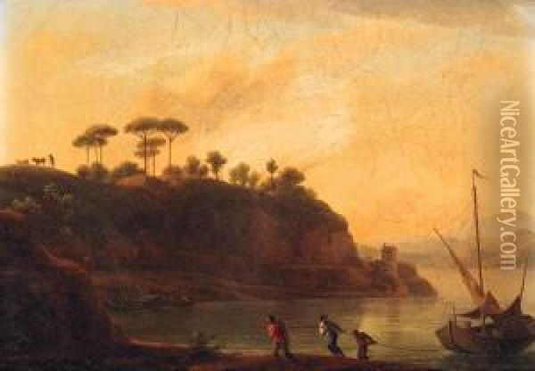 Fishermen Towing A Boat On The River Tiber At Sunset Oil Painting - Jean-Joseph-Xavier Bidauld