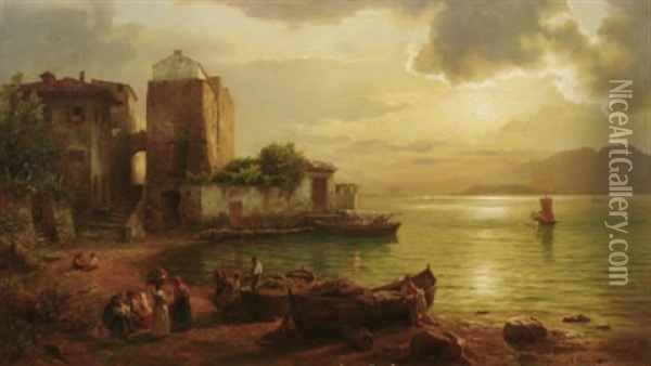 Capri. Butes Treiben In Einer Von Der Abensonne Beschienenen Bucht Oil Painting - August Wilhelm Leu
