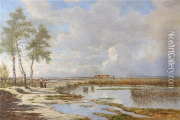Promenade Et Labour Au Bord De L'etang Oil Painting - Hector Louis Allemand