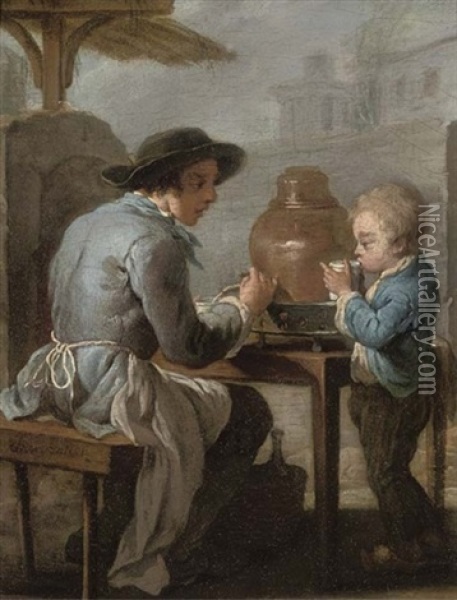 A Yard With A Drink Seller And A Boy Oil Painting - Jean-Baptiste Charpentier the Elder