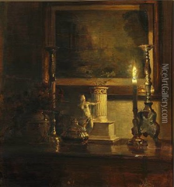 Evening Interior With A Candle Illuminating An Etching On The Wall Oil Painting - Carl Vilhelm Holsoe