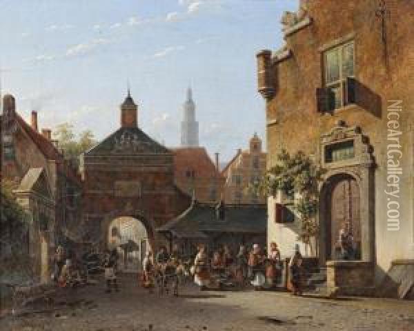 Busy View Of A Town Oil Painting - Alexander Salomon Van Praag