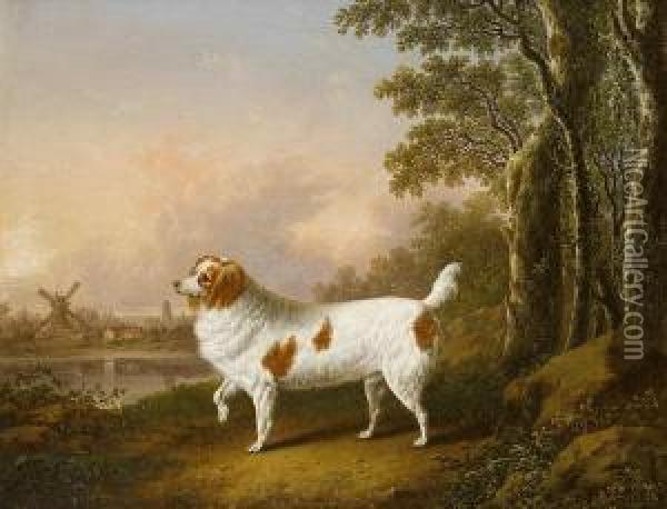 A Liver And White Spaniel In A Landscape Oil Painting - Charles Towne