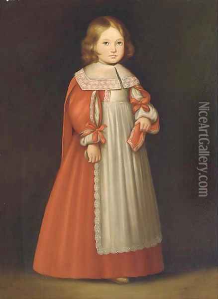 Portrait of a young girl, standing full-length, in a red and white dress Oil Painting - Cornelis De Vos