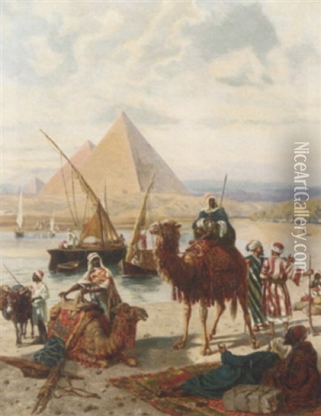 Nomads Resting By The River With Pyramids Beyond Oil Painting - Otto von Ruppert
