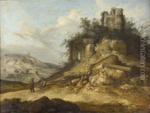 Figures On A Country Path, Ruins On A Rocky Outcrop Oil Painting - Jacobus Sibrandi Mancandan