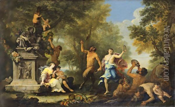 Bacchanale Offering Various Goods To Pan Statue Oil Painting - Filippo Lauri