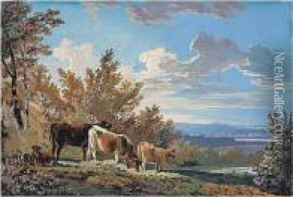 Cattle Grazing On A Hill, A River Beyond Oil Painting - John Laporte