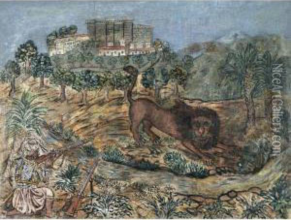 The Lion Hunt Oil Painting - Hadjimichail Theophilos
