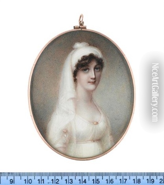 A Lady, Wearing White Dress With Pearl Brooches At Her Sleeve And Corsage, A White Turban In Her Dark Upswept And Curled Hair Oil Painting - Anne Mee