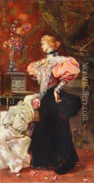 Elegante Dama En Un Interior Oil Painting - Salvador Sanchez Barbudo