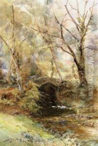Ducks On A River Below A Cattle Bridge Oil Painting - Paul Jacob Naftel