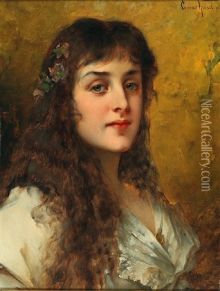 Portrait Of A Lady With Christmas Roses In Her Hair Oil Painting - Conrad Kiesel