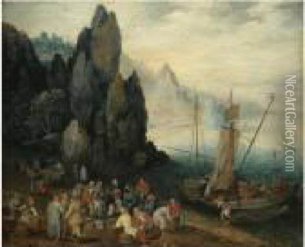 A Rocky Coastal Landscape With Fishermen Unloading Their Catch,craggy Mountains Beyond Oil Painting - Jan The Elder Brueghel