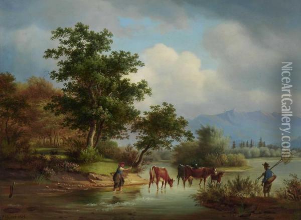 Bauernpaar Mit Rindern Am See Oil Painting - Johann Philipp Heinel