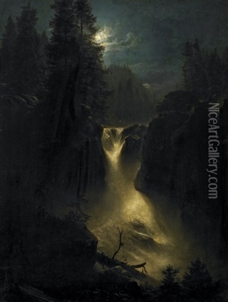 Wildwasserfall In Den Alpen Bei Mondenschein Oil Painting - Oswald Achenbach