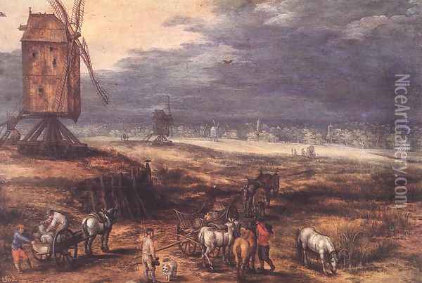 Landscape with Windmills c. 1607 Oil Painting - Jan The Elder Brueghel
