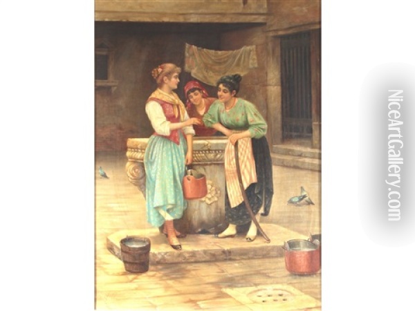 Venetian Washerwomen At A Well Oil Painting - Henry Woods