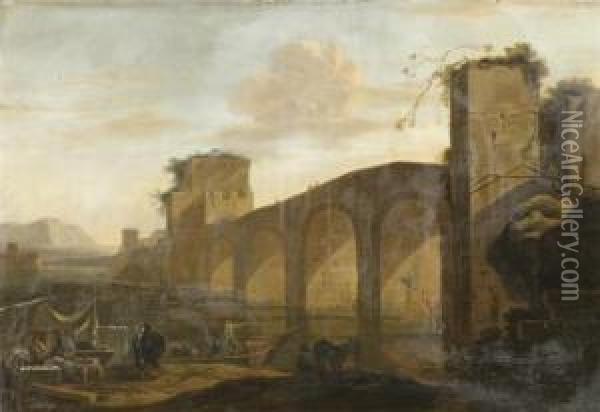 Landscape With Tiber And The Ponte Molle And A Market In Foreground Oil Painting - Jan Asselyn