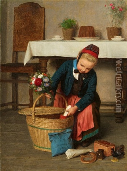 The Birthday Basket - Painting And Oil Study Oil Painting - Friedrich Eduard Meyerheim