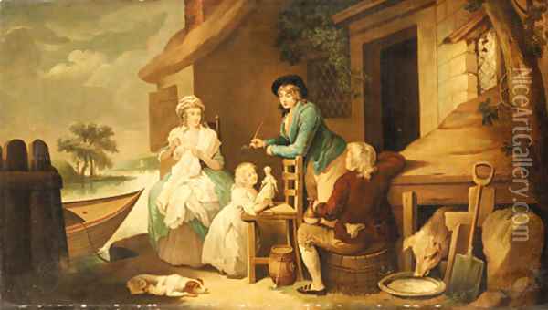 A family gathered outside a farmhouse Oil Painting - George Morland