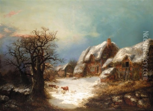 Winter Landscape With Cattle And Sheep Oil Painting - Hendrik Barend Koekkoek