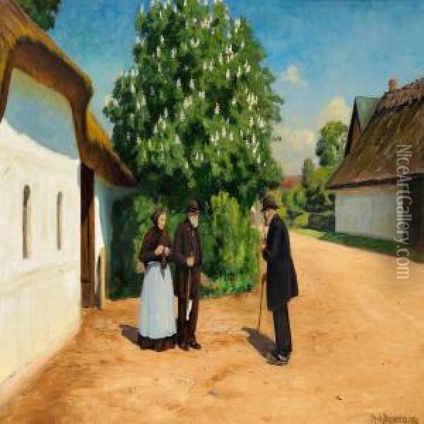Spring Day In The Village With A Chestnut Tree In Bloom Oil Painting - H. A. Brendekilde