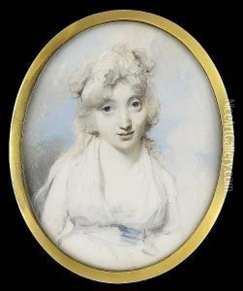A Lady, Wearing Decollete White 
Dress And Open Fichu Tucked Into A Pale Blue Waistband, A Yellow-edged 
Frilled White Bandeau In Her Hair And Long Ribbon Trailing Over Her 
Right Shoulder Oil Painting - George Engleheart