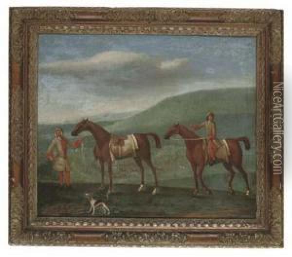 Two Royal Mares, One Held By Its Rider, The Other With Jockey Up, A Racecourse Beyond Oil Painting - Peter Tillemans