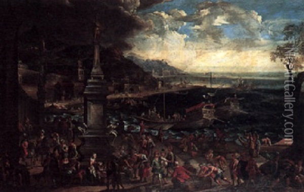 A Capriccio Of A Mediterranean Port Scene With Ships In The Harbour And Figures Gathered On The Shore Oil Painting - Jan-Baptiste van der Meiren